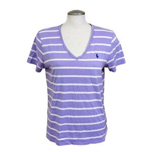 Ralph Lauren Sport Womens XL Striped T Shirt Purple White Cotton Short Sleeve